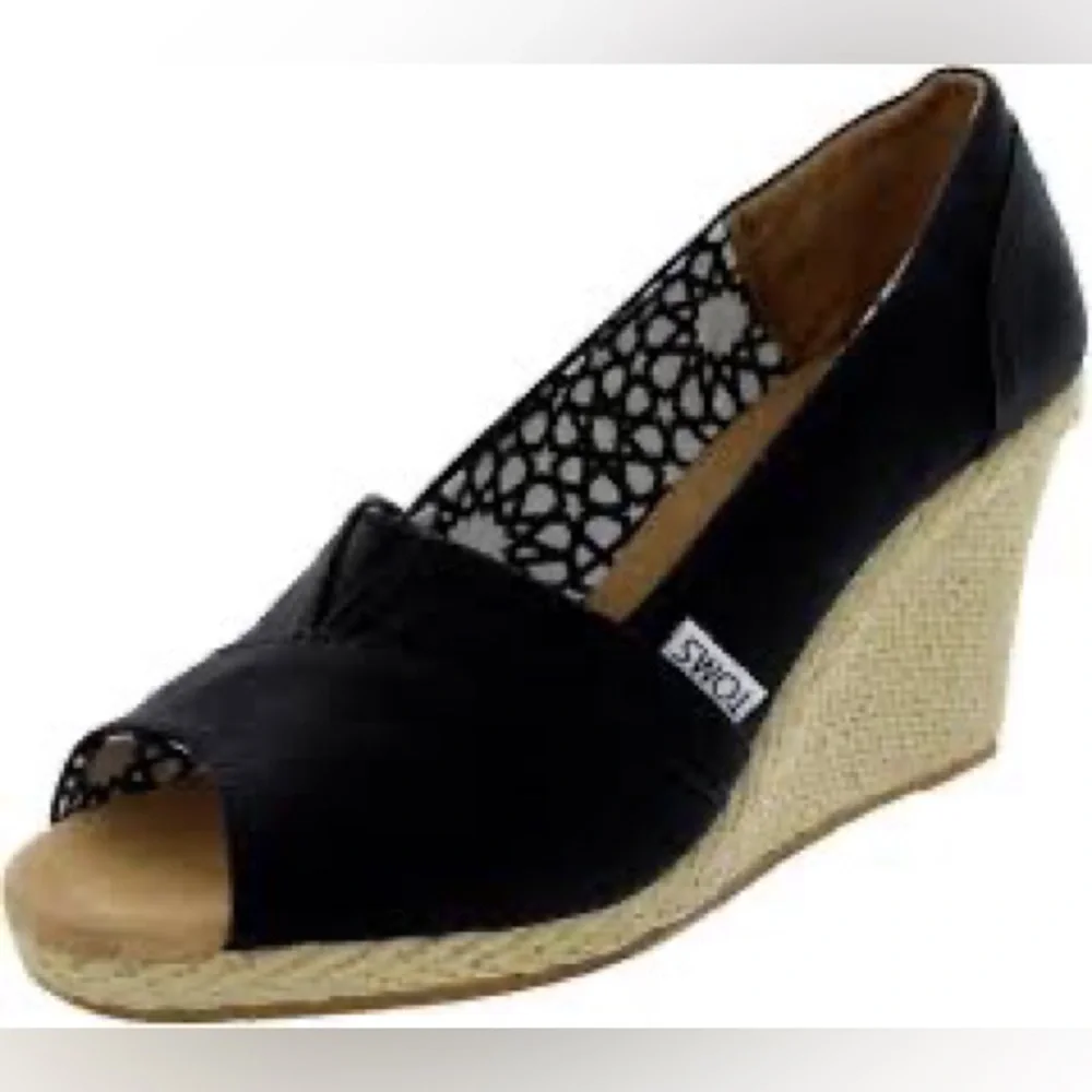 Toms Black Canvas Wedge Open Toe Shoes